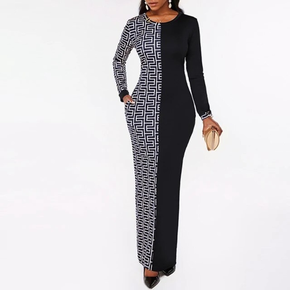NEW Colorblock Geometric Print Long Sleeve Bodycon Dress w\Pockets.